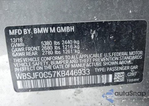 2019 BMW M5 Competition z USA, uszkodzony, nr VIN WBSJF0C57KB446933